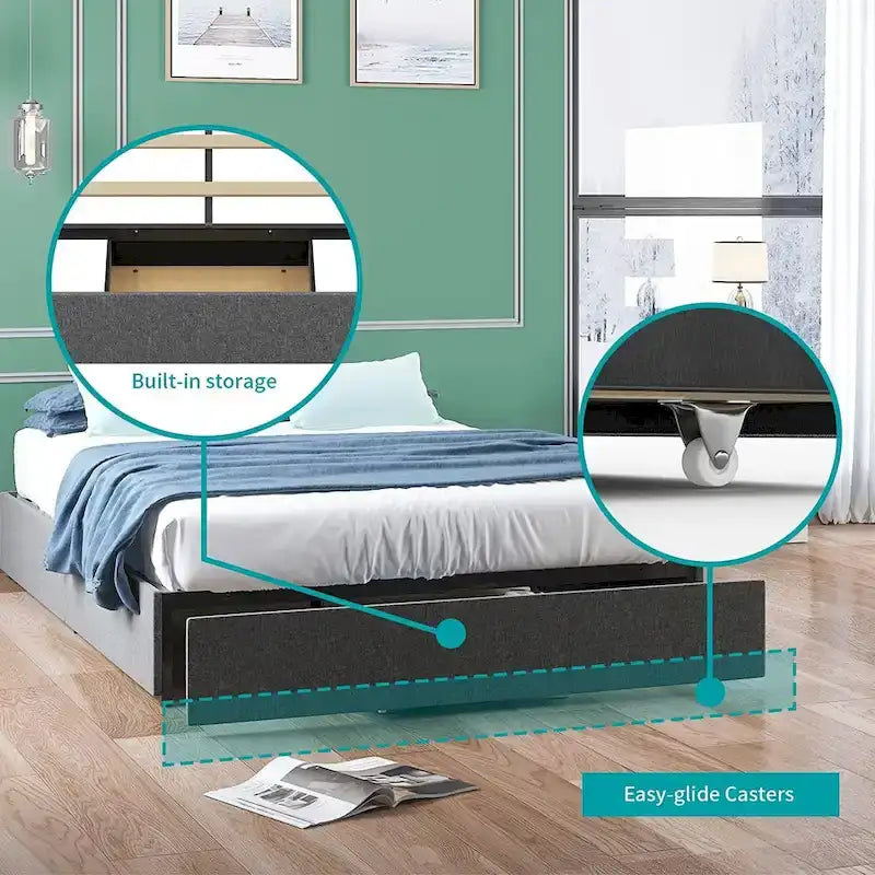 Lit Plateforme avec Tiroirs de Rangement, Tissu Lin, Lattes en Bois, Style Moderne, Beige / Gris Clair / Gris Foncé, Double / Grand Lit / Très Grand Lit, 2 Personnes