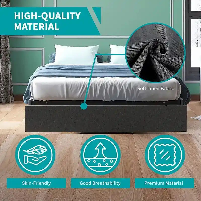 Lit Plateforme avec Tiroirs de Rangement, Tissu Lin, Lattes en Bois, Style Moderne, Beige / Gris Clair / Gris Foncé, Double / Grand Lit / Très Grand Lit, 2 Personnes