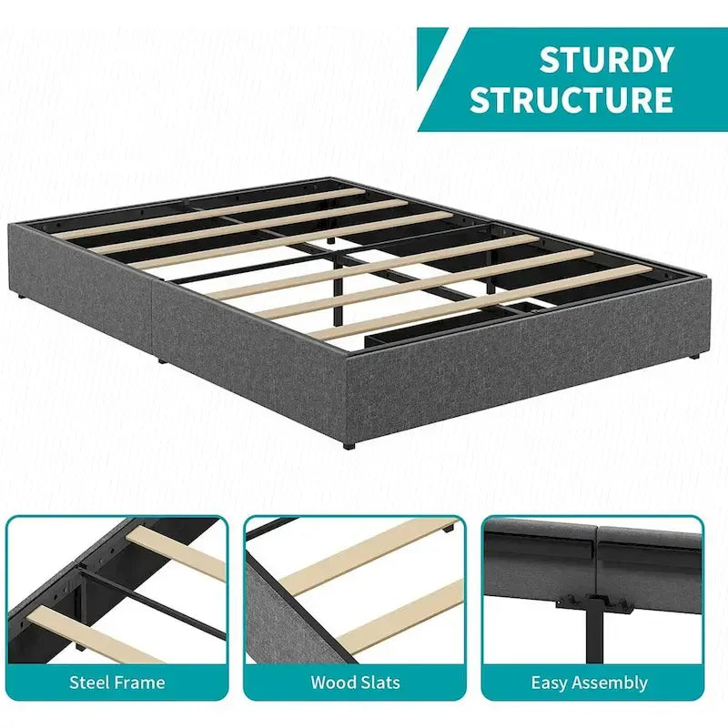 Lit Plateforme avec Tiroirs de Rangement, Tissu Lin, Lattes en Bois, Style Moderne, Beige / Gris Clair / Gris Foncé, Double / Grand Lit / Très Grand Lit, 2 Personnes