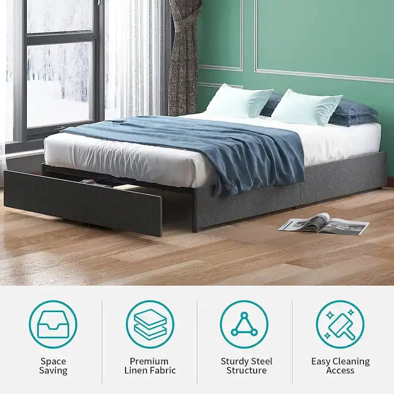 Lit Plateforme avec Tiroirs de Rangement, Tissu Lin, Lattes en Bois, Style Moderne, Beige / Gris Clair / Gris Foncé, Double / Grand Lit / Très Grand Lit, 2 Personnes