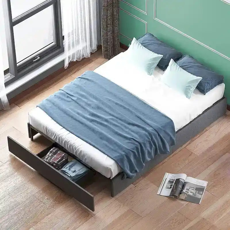 Lit Plateforme avec Tiroirs de Rangement, Tissu Lin, Lattes en Bois, Style Moderne, Beige / Gris Clair / Gris Foncé, Double / Grand Lit / Très Grand Lit, 2 Personnes