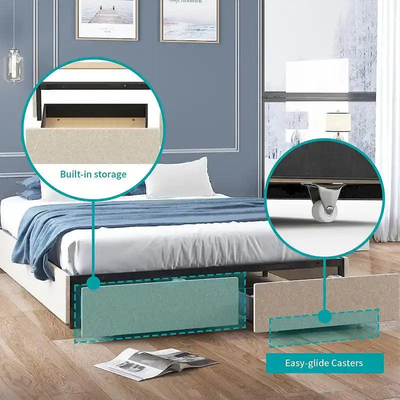 Lit Plateforme avec Tiroirs de Rangement, Tissu Lin, Lattes en Bois, Style Moderne, Beige / Gris Clair / Gris Foncé, Double / Grand Lit / Très Grand Lit, 2 Personnes