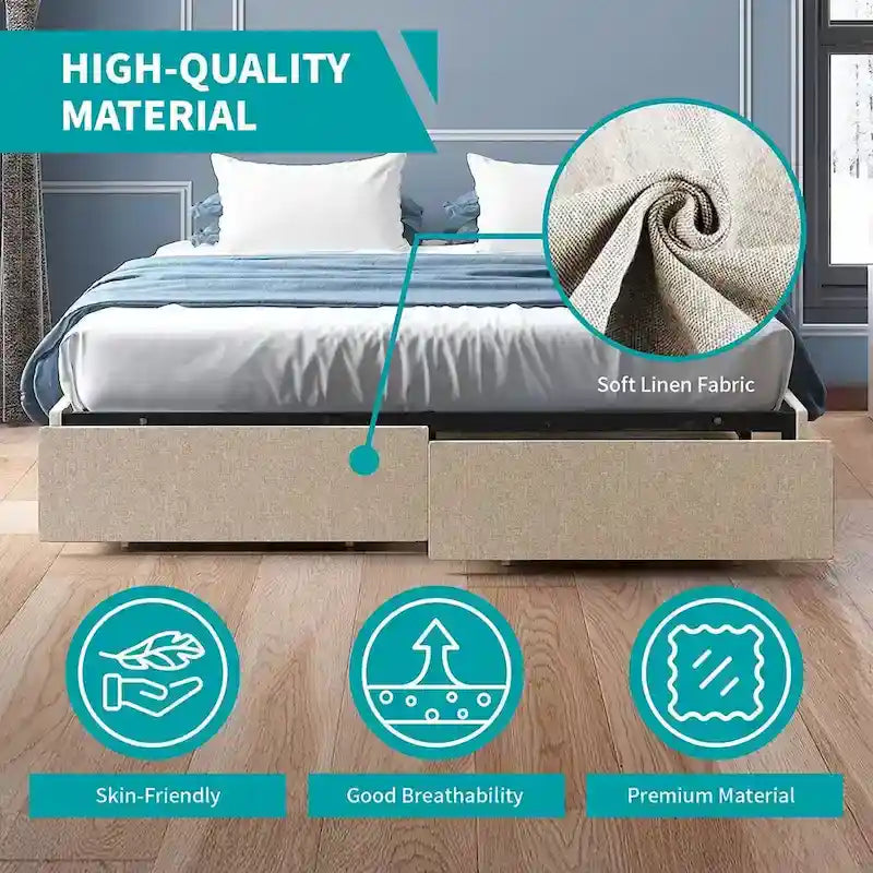 Lit Plateforme avec Tiroirs de Rangement, Tissu Lin, Lattes en Bois, Style Moderne, Beige / Gris Clair / Gris Foncé, Double / Grand Lit / Très Grand Lit, 2 Personnes