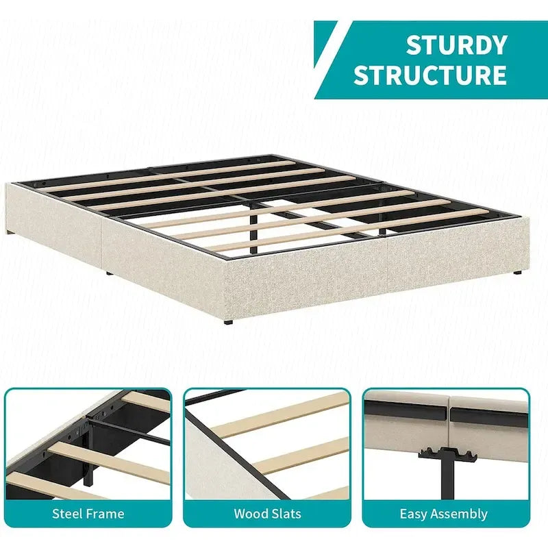 Lit Plateforme avec Tiroirs de Rangement, Tissu Lin, Lattes en Bois, Style Moderne, Beige / Gris Clair / Gris Foncé, Double / Grand Lit / Très Grand Lit, 2 Personnes