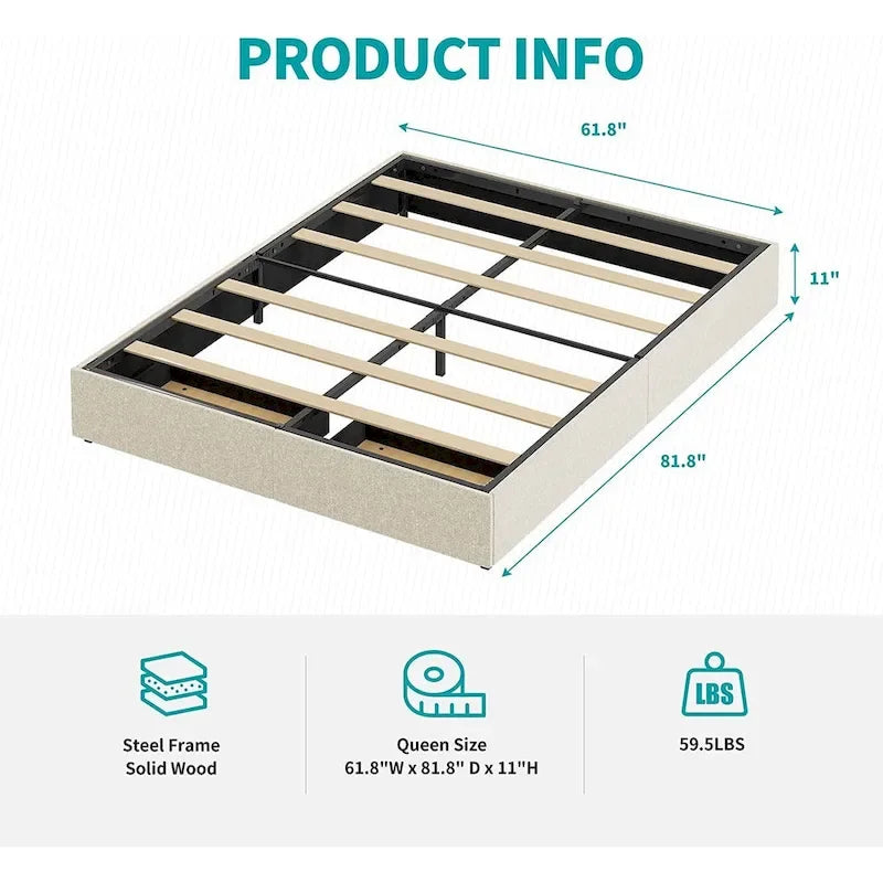 Lit Plateforme avec Tiroirs de Rangement, Tissu Lin, Lattes en Bois, Style Moderne, Beige / Gris Clair / Gris Foncé, Double / Grand Lit / Très Grand Lit, 2 Personnes