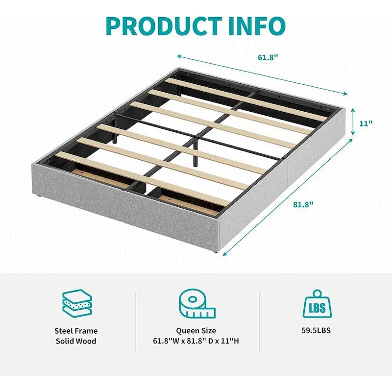 Lit Plateforme avec Tiroirs de Rangement, Tissu Lin, Lattes en Bois, Style Moderne, Beige / Gris Clair / Gris Foncé, Double / Grand Lit / Très Grand Lit, 2 Personnes