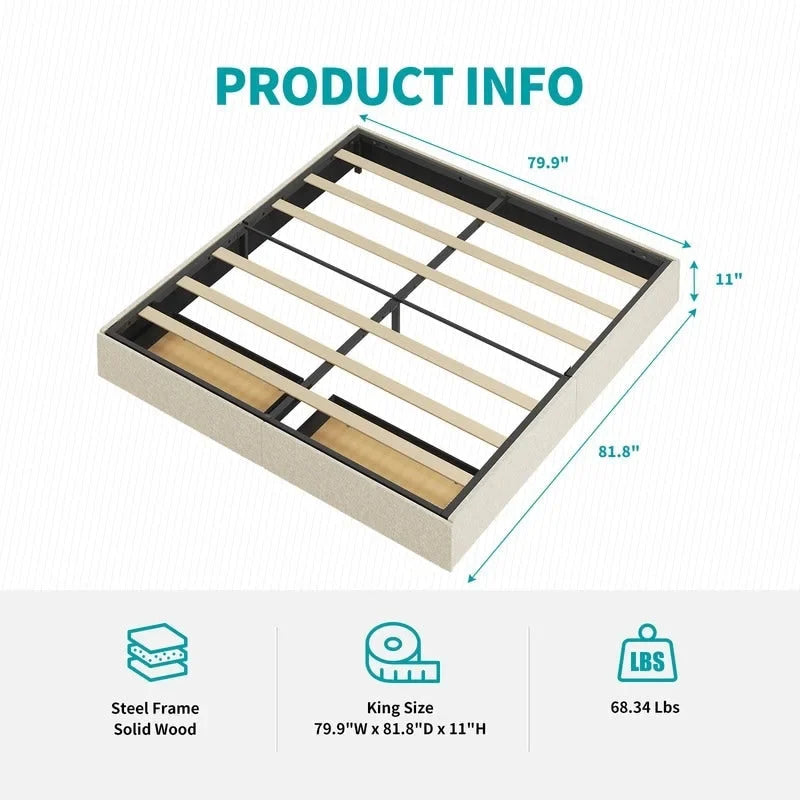 Lit Plateforme avec Tiroirs de Rangement, Tissu Lin, Lattes en Bois, Style Moderne, Beige / Gris Clair / Gris Foncé, Double / Grand Lit / Très Grand Lit, 2 Personnes