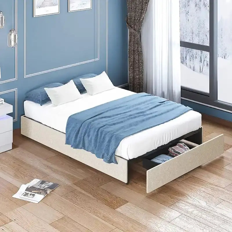 Lit Plateforme avec Tiroirs de Rangement, Tissu Lin, Lattes en Bois, Style Moderne, Beige / Gris Clair / Gris Foncé, Double / Grand Lit / Très Grand Lit, 2 Personnes