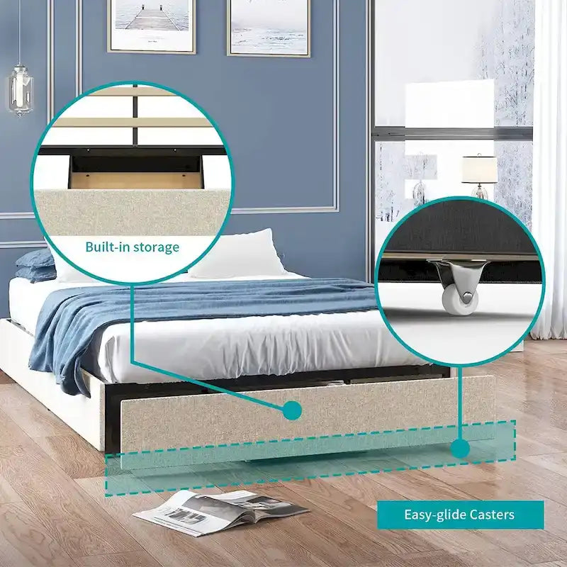 Lit Plateforme avec Tiroirs de Rangement, Tissu Lin, Lattes en Bois, Style Moderne, Beige / Gris Clair / Gris Foncé, Double / Grand Lit / Très Grand Lit, 2 Personnes