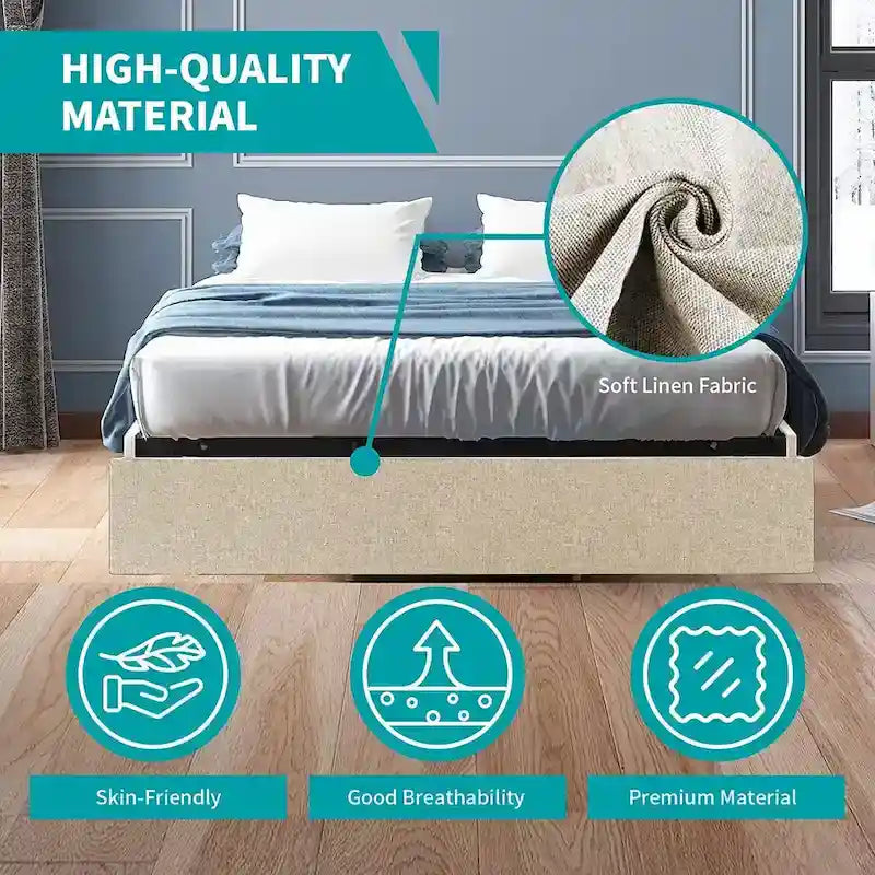 Lit Plateforme avec Tiroirs de Rangement, Tissu Lin, Lattes en Bois, Style Moderne, Beige / Gris Clair / Gris Foncé, Double / Grand Lit / Très Grand Lit, 2 Personnes