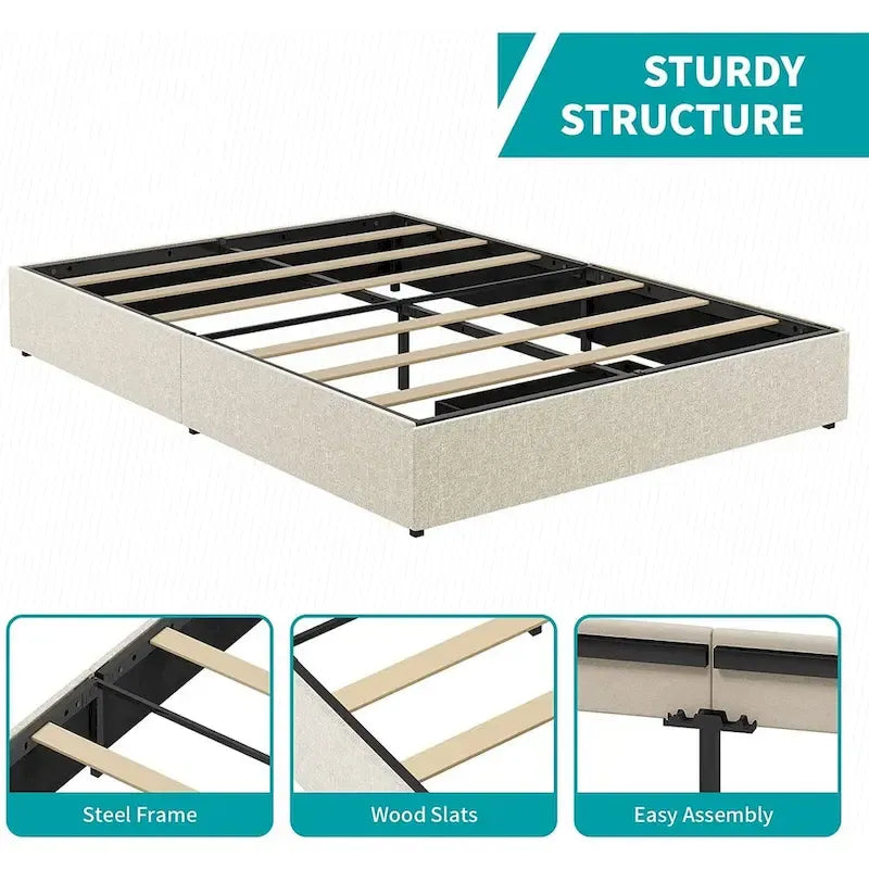 Lit Plateforme avec Tiroirs de Rangement, Tissu Lin, Lattes en Bois, Style Moderne, Beige / Gris Clair / Gris Foncé, Double / Grand Lit / Très Grand Lit, 2 Personnes