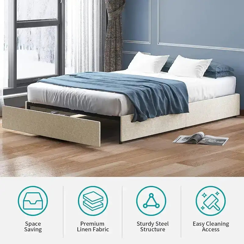 Lit Plateforme avec Tiroirs de Rangement, Tissu Lin, Lattes en Bois, Style Moderne, Beige / Gris Clair / Gris Foncé, Double / Grand Lit / Très Grand Lit, 2 Personnes