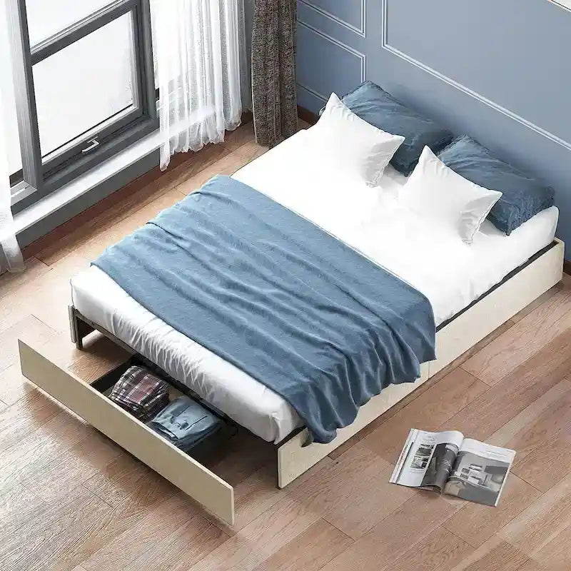 Lit Plateforme avec Tiroirs de Rangement, Tissu Lin, Lattes en Bois, Style Moderne, Beige / Gris Clair / Gris Foncé, Double / Grand Lit / Très Grand Lit, 2 Personnes