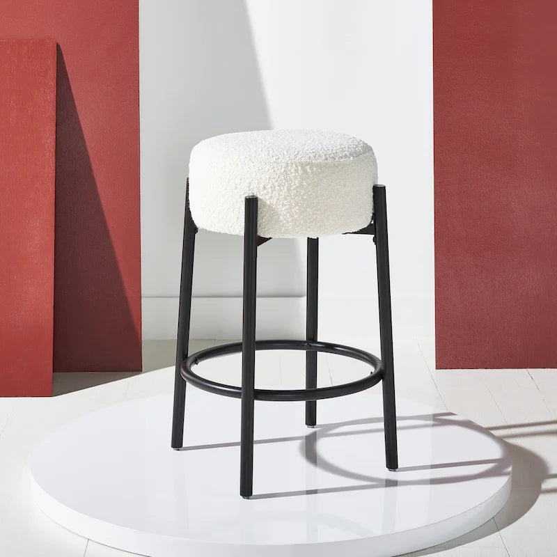 Tabouret de comptoir 66 cm, assise en bouclette, pieds en métal, style minimaliste, moutarde / noir / vert forêt / rouille / ivoire, 1 personne