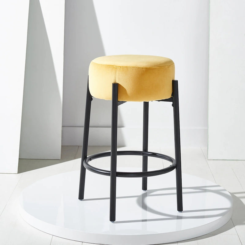 Tabouret de comptoir 66 cm, assise en bouclette, pieds en métal, style minimaliste, moutarde / noir / vert forêt / rouille / ivoire, 1 personne