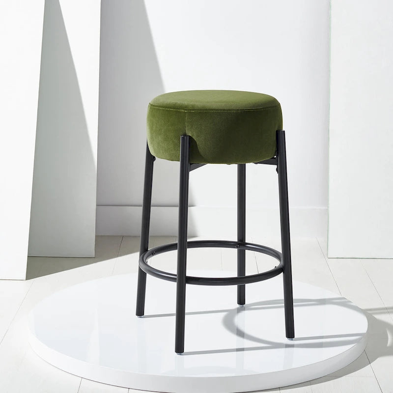 Tabouret de comptoir 66 cm, assise en bouclette, pieds en métal, style minimaliste, moutarde / noir / vert forêt / rouille / ivoire, 1 personne