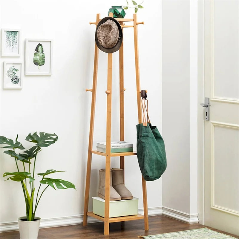 Porte-manteau autoportant, 8 crochets, 4 cintres, 3 étagères, bambou massif, style naturel, bois jaune/naturel, 1 unité