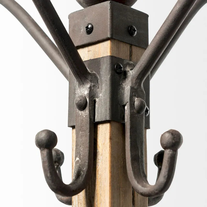 Porte-manteau autoportant, 12 crochets, base triangulaire, bois et métal, style ferme / industriel, marron, 1 unité