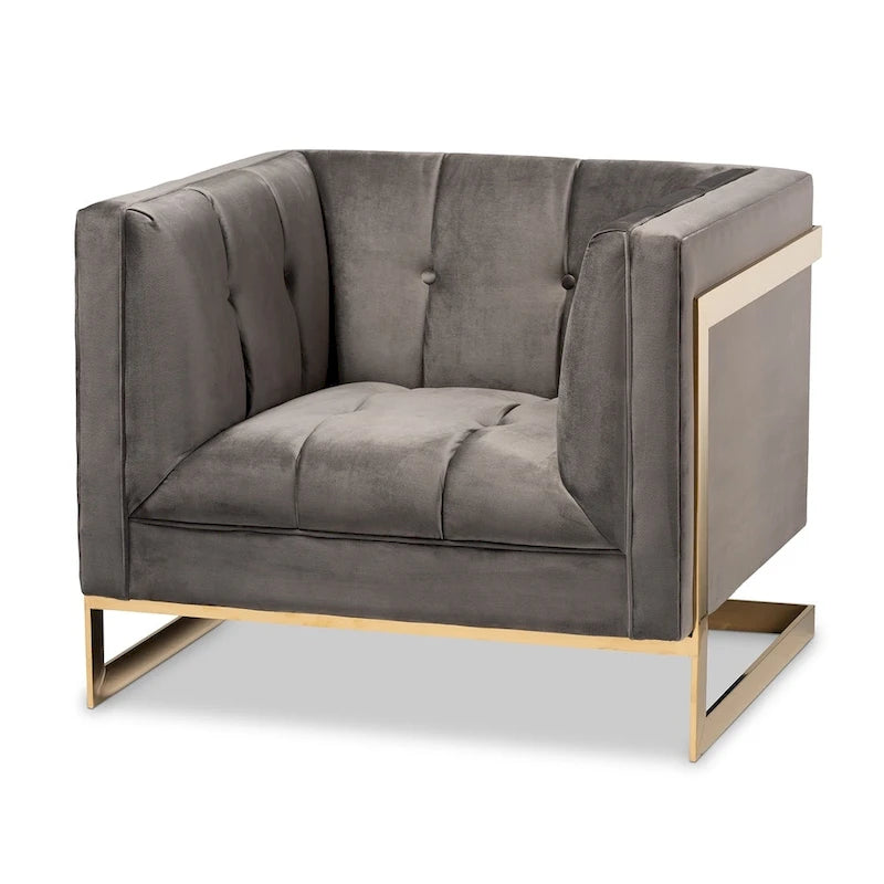 Fauteuil en velours, capitonnage vertical, pieds en métal doré, style glamour, gris / bleu marine, 1 personne