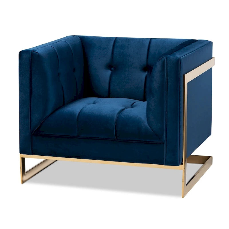 Fauteuil en velours, capitonnage vertical, pieds en métal doré, style glamour, gris / bleu marine, 1 personne