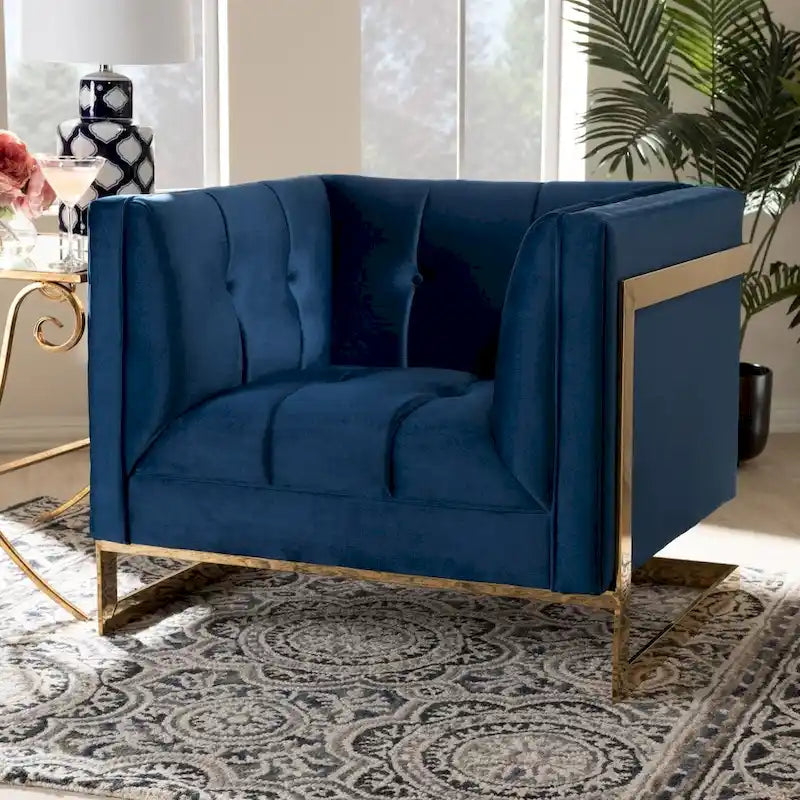 Fauteuil en velours, capitonnage vertical, pieds en métal doré, style glamour, gris / bleu marine, 1 personne