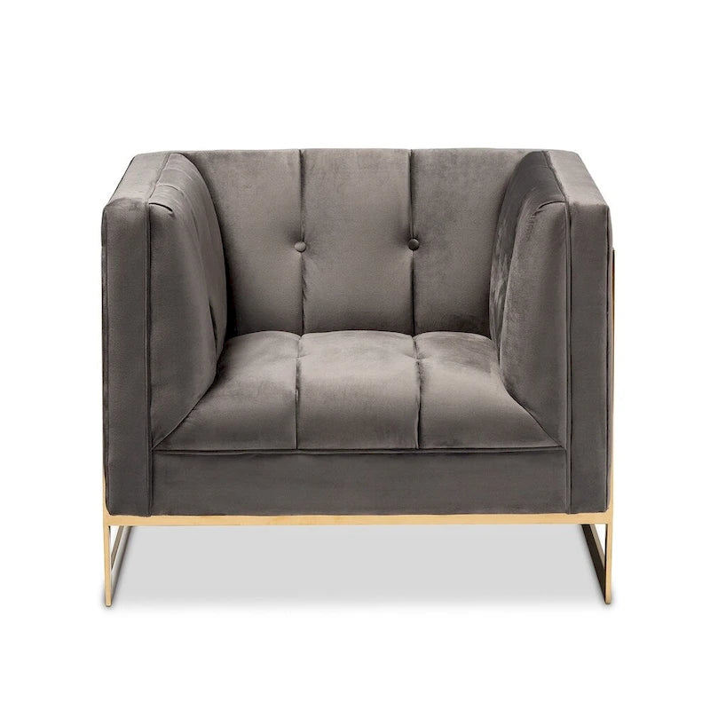 Fauteuil en velours, capitonnage vertical, pieds en métal doré, style glamour, gris / bleu marine, 1 personne