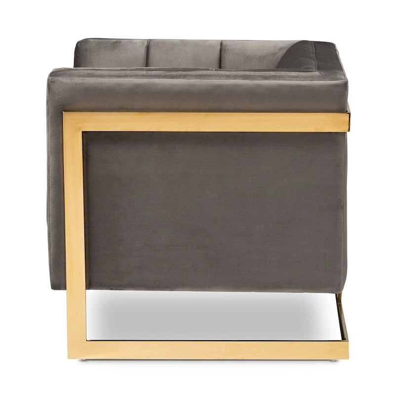 Fauteuil en velours, capitonnage vertical, pieds en métal doré, style glamour, gris / bleu marine, 1 personne