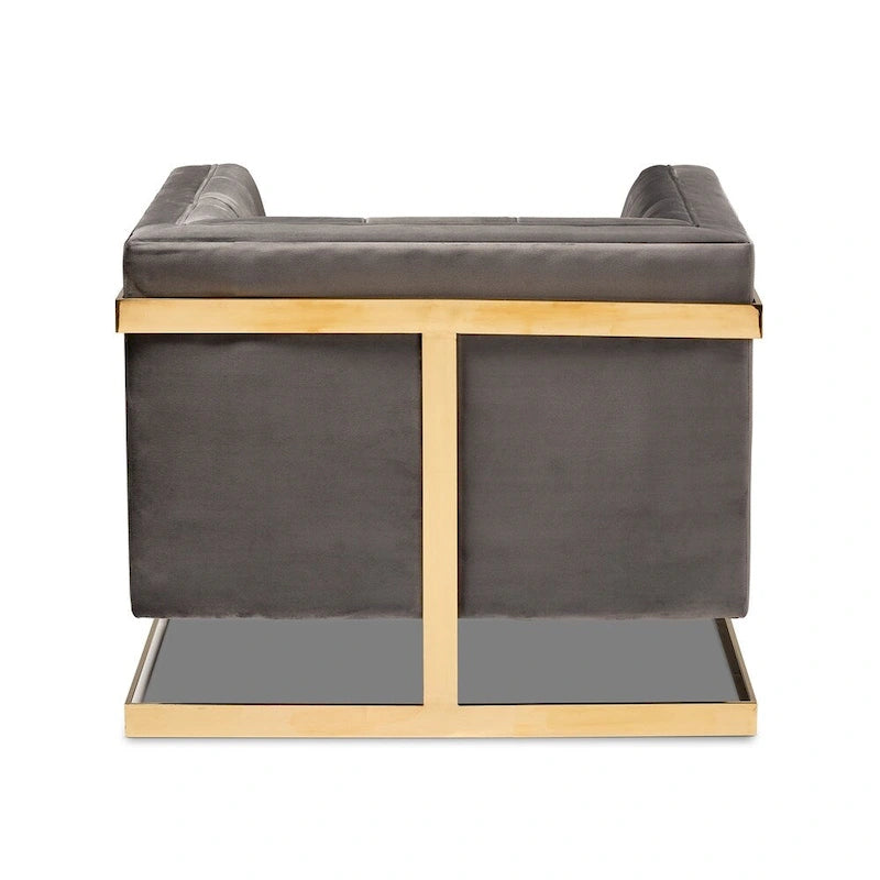 Fauteuil en velours, capitonnage vertical, pieds en métal doré, style glamour, gris / bleu marine, 1 personne