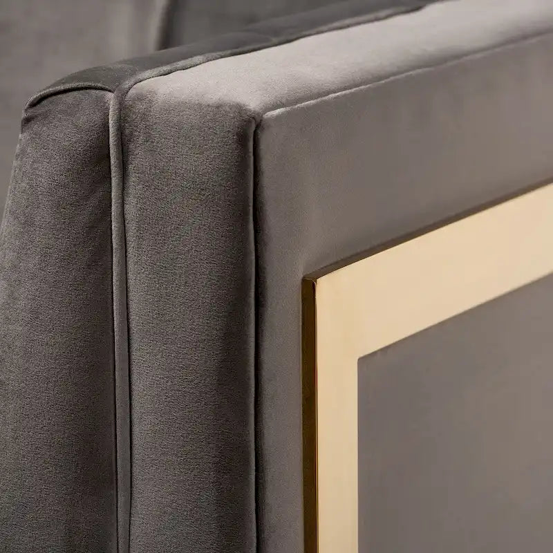Fauteuil en velours, capitonnage vertical, pieds en métal doré, style glamour, gris / bleu marine, 1 personne