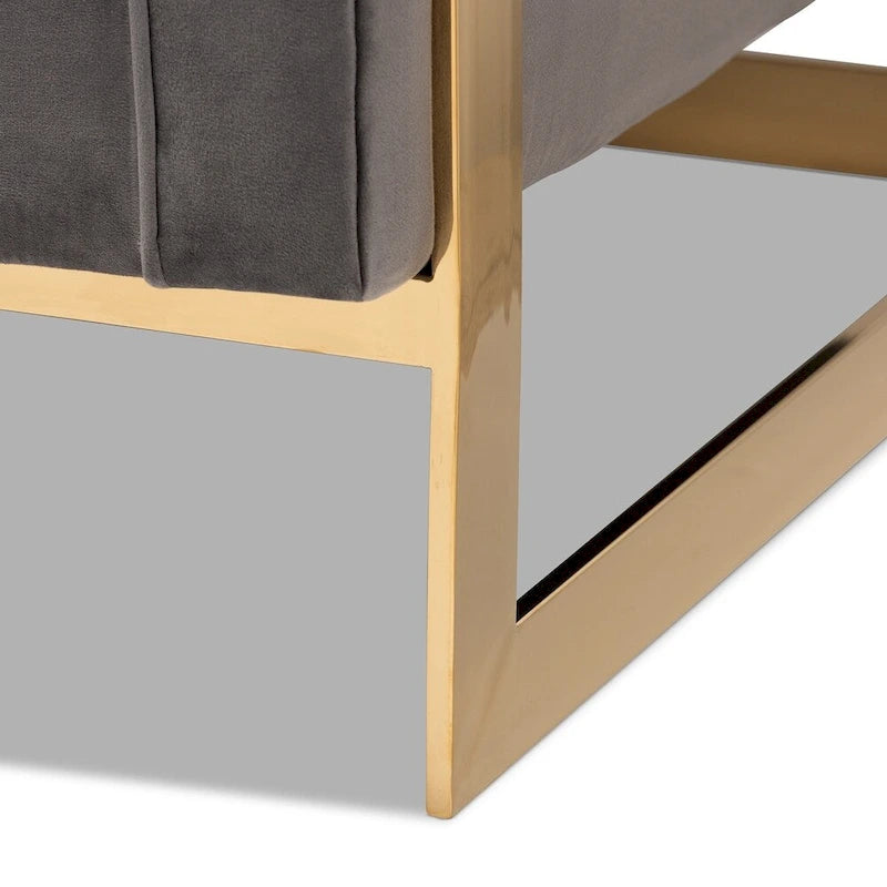 Fauteuil en velours, capitonnage vertical, pieds en métal doré, style glamour, gris / bleu marine, 1 personne