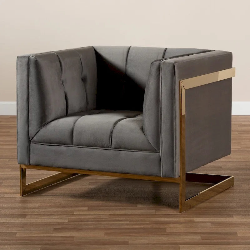 Fauteuil en velours, capitonnage vertical, pieds en métal doré, style glamour, gris / bleu marine, 1 personne