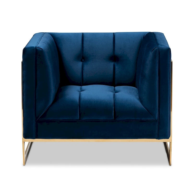 Fauteuil en velours, capitonnage vertical, pieds en métal doré, style glamour, gris / bleu marine, 1 personne