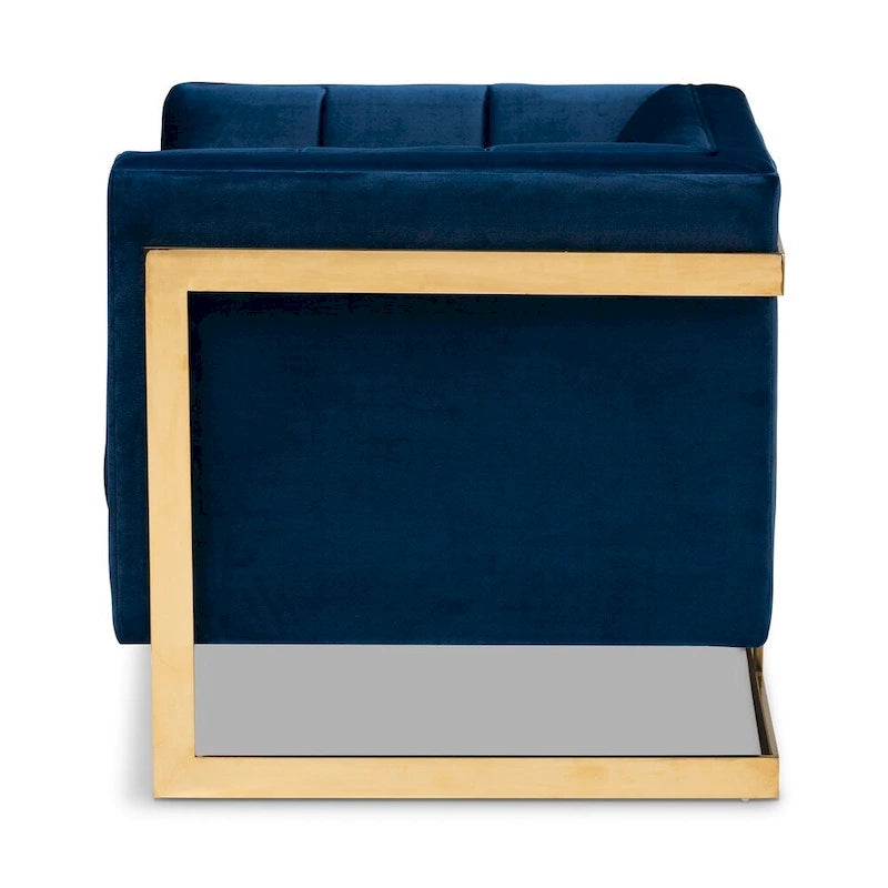Fauteuil en velours, capitonnage vertical, pieds en métal doré, style glamour, gris / bleu marine, 1 personne