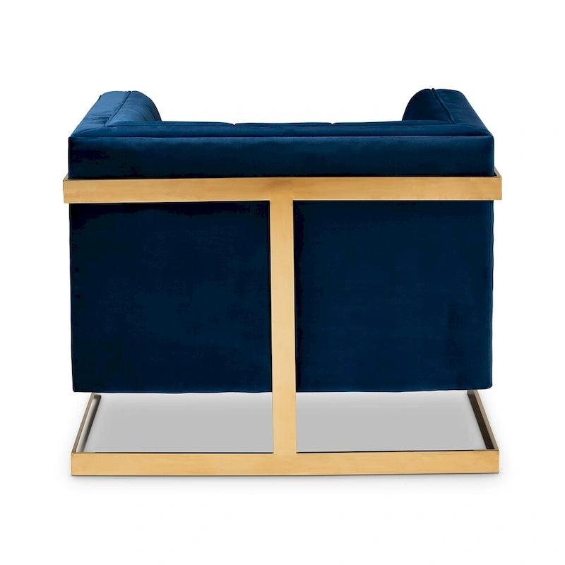Fauteuil en velours, capitonnage vertical, pieds en métal doré, style glamour, gris / bleu marine, 1 personne