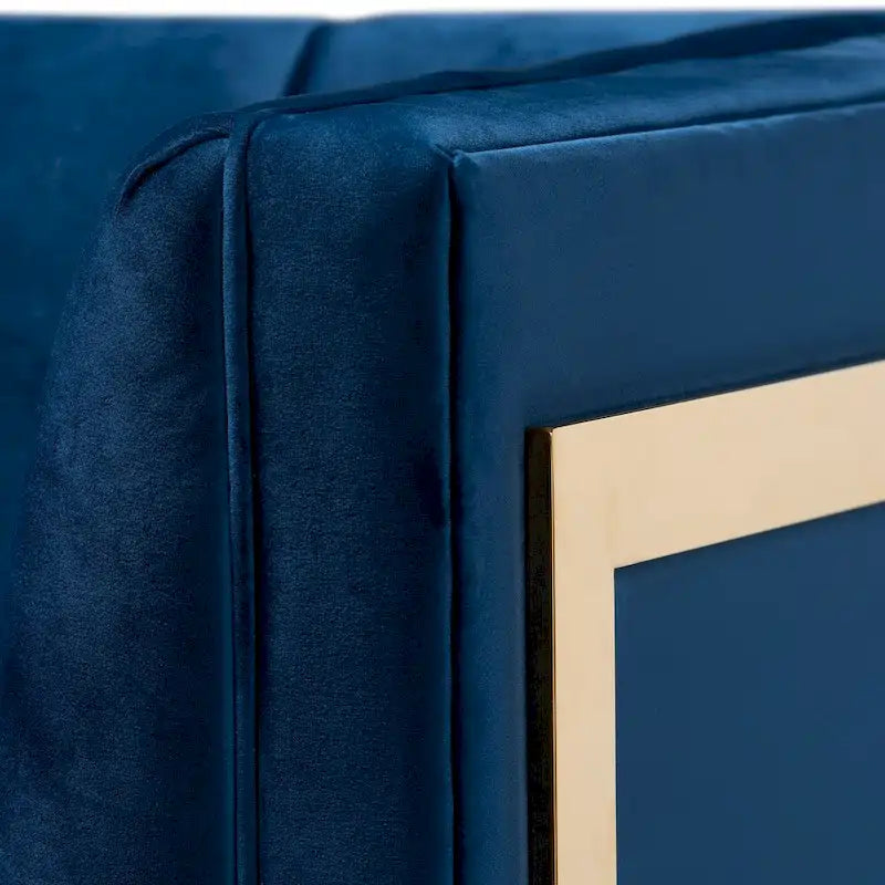 Fauteuil en velours, capitonnage vertical, pieds en métal doré, style glamour, gris / bleu marine, 1 personne