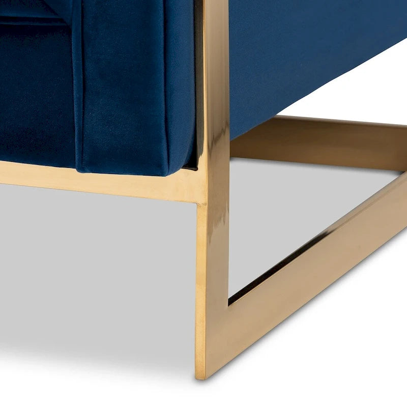 Fauteuil en velours, capitonnage vertical, pieds en métal doré, style glamour, gris / bleu marine, 1 personne