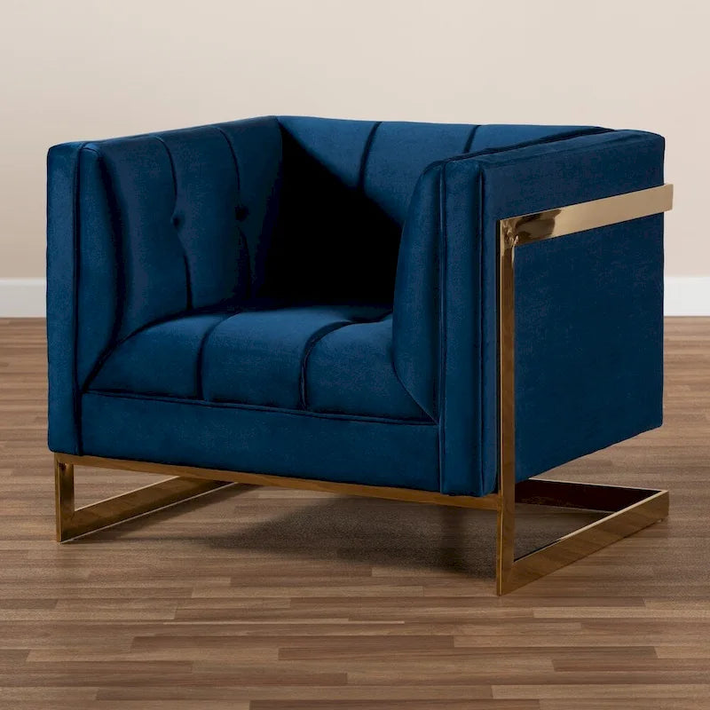 Fauteuil en velours, capitonnage vertical, pieds en métal doré, style glamour, gris / bleu marine, 1 personne