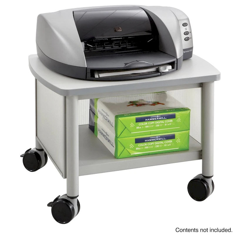 Support d'imprimante mobile, cadre en acier, panneaux translucides, 1 étagère fixe, 4 roulettes pivotantes, style moderne, noir/gris, 1 unité