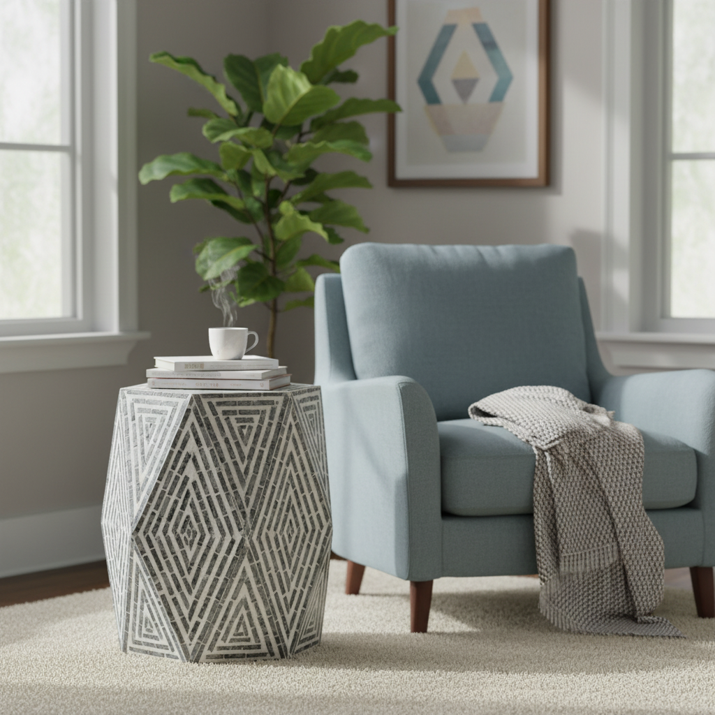 Tabouret d'appoint hexagonal, coquille de Capiz, motif diamant, bleu/blanc, 1 unité