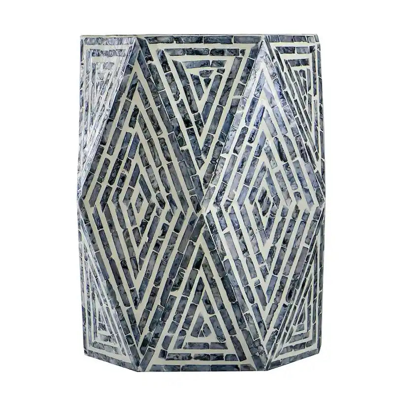 Tabouret d'appoint hexagonal, coquille de Capiz, motif diamant, bleu/blanc, 1 unité