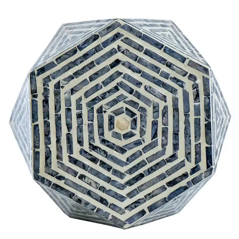 Tabouret d'appoint hexagonal, coquille de Capiz, motif diamant, bleu/blanc, 1 unité