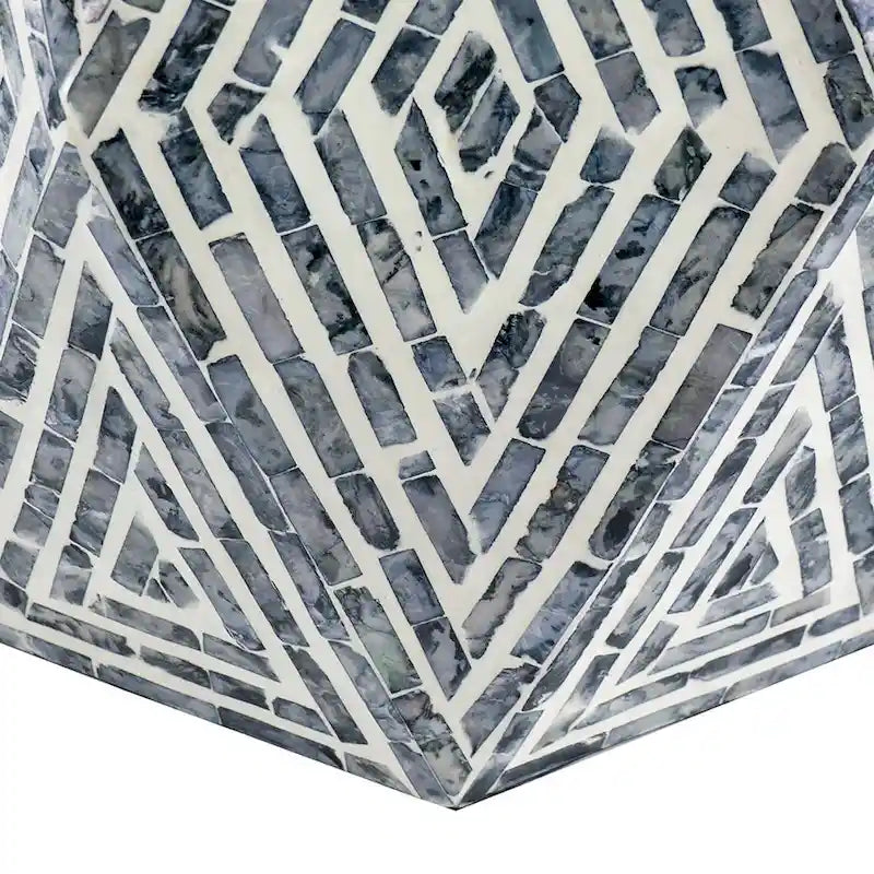 Tabouret d'appoint hexagonal, coquille de Capiz, motif diamant, bleu/blanc, 1 unité