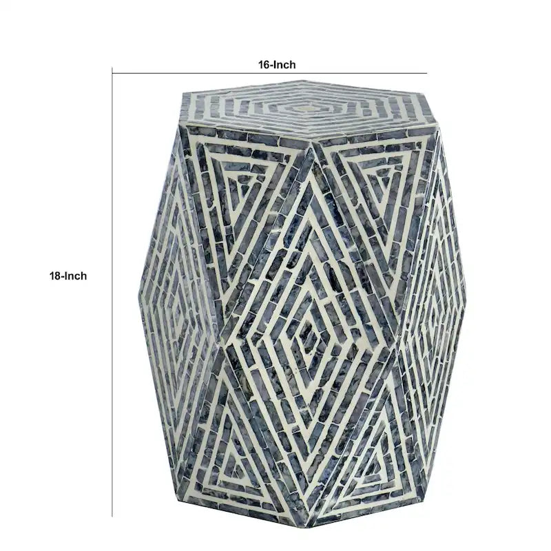 Tabouret d'appoint hexagonal, coquille de Capiz, motif diamant, bleu/blanc, 1 unité