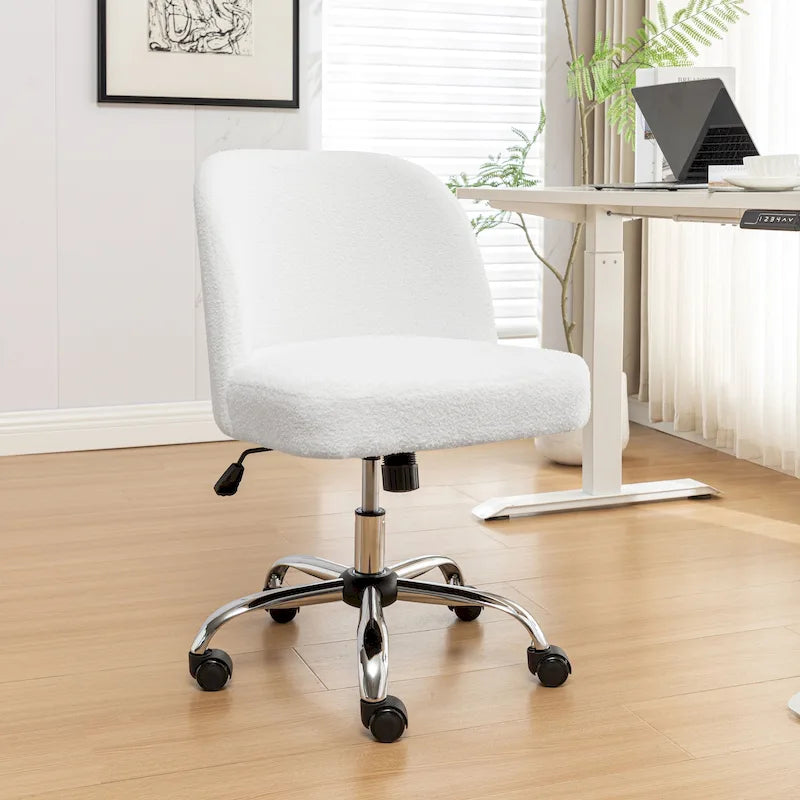 Fauteuil de bureau sans accoudoirs, tissu polaire Sherpa, réglable en hauteur, fonction d'inclinaison, roulettes en acier, style moderne, blanc, 1 personne