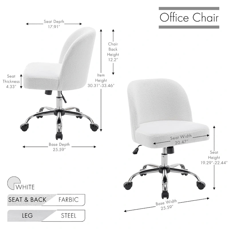 Fauteuil de bureau sans accoudoirs, tissu polaire Sherpa, réglable en hauteur, fonction d'inclinaison, roulettes en acier, style moderne, blanc, 1 personne