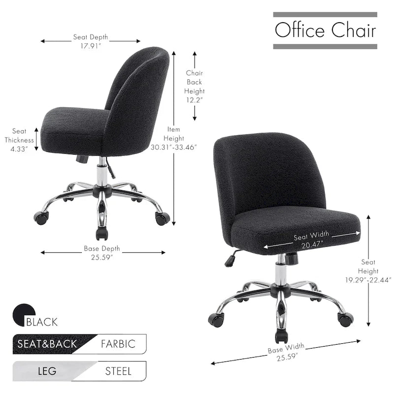 Fauteuil de bureau sans accoudoirs, tissu polaire Sherpa, réglable en hauteur, fonction d'inclinaison, roulettes en acier, style moderne, blanc, 1 personne