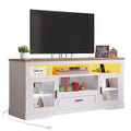 Meuble TV 153,6 cm, LED RVB, Portes en acrylique, Prises et USB intégrés, Style ferme, Blanc, 1 unité