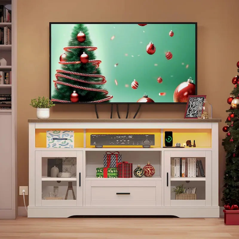 Meuble TV 153,6 cm, LED RVB, Portes en acrylique, Prises et USB intégrés, Style ferme, Blanc, 1 unité