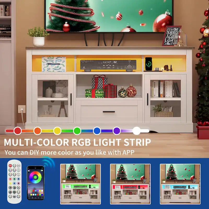Meuble TV 153,6 cm, LED RVB, Portes en acrylique, Prises et USB intégrés, Style ferme, Blanc, 1 unité