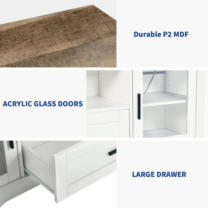 Meuble TV 153,6 cm, LED RVB, Portes en acrylique, Prises et USB intégrés, Style ferme, Blanc, 1 unité